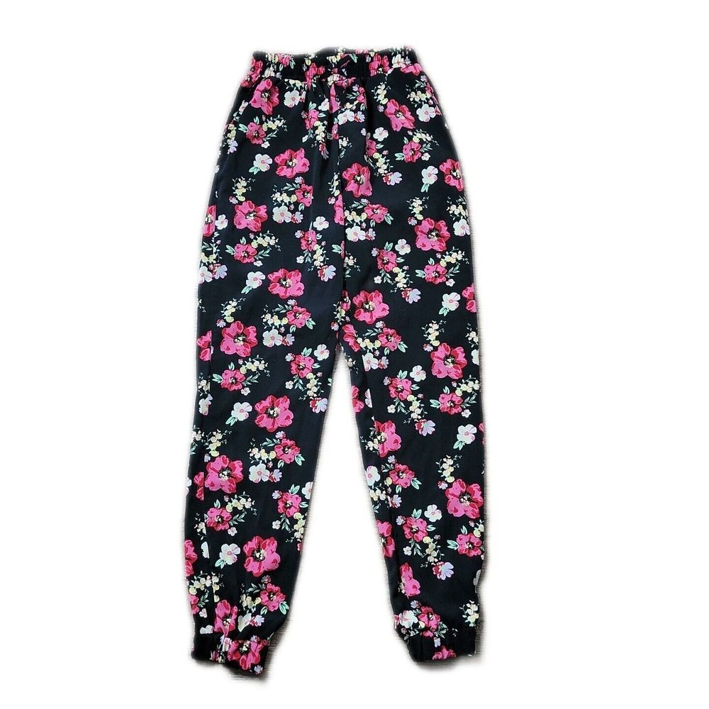 Faded Glory Pull On Girls Pants ~ Sz XL ~ Black ~ Floral ~ 30" Inseam